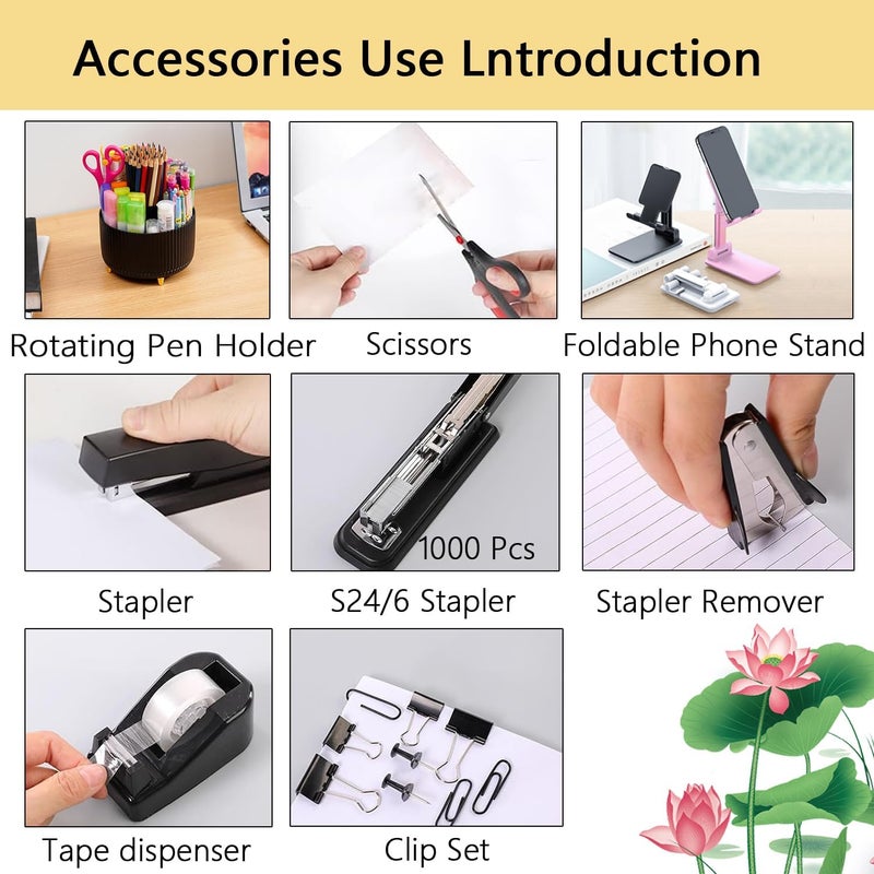 suniya Office Supplies,Desk Accessories,with Stapler, Tape Dispenser,Desk Organizer,Folding Phone Holder,Pen,Journal Notebook,Scissor,Staple Remover,Staples,Clear Tape,Sticky Notes,Paper Clips,Bookmark,Ect - Image 3